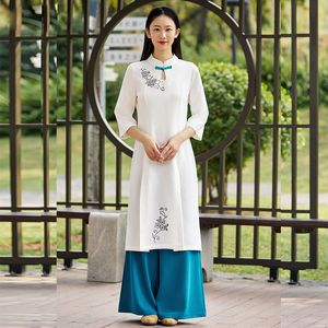 Survêtements pour femmes asiatiques Zen Trend Femmes Elegent Modifié Cheongsam Robe Thé Artiste Uniforme Salon de Beauté Vêtements de Travail Coton Soie Manteau Pantalon Ensemble