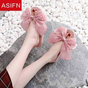 Asifn Cute Lady Style Bow Flip Flop Plataforma Sandalias Perla Decoración Antideslizante Zapatillas planas Zapatillas de verano Venta al por mayor J220716