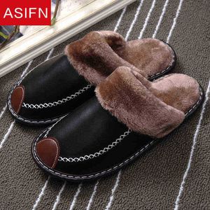 Asifn Men Winter Katoen Bont Slippers PU Leather Home Vrouwen muilezels slippers voor antislip mannelijke indoor gezellige traagschuim slippers J220716