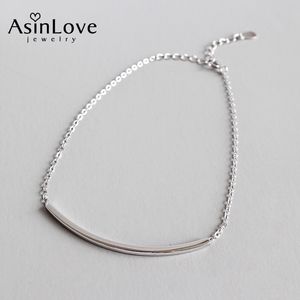 AsinLove Real 925 Plata de ley tubo cuadrado raya curva sonrisa única elegante tobillera para mujeres y niñas joyería fina