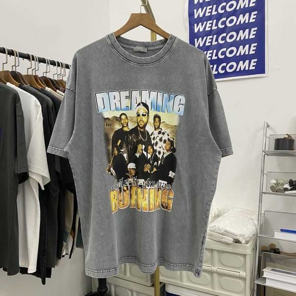 Demandez à Xiaozhongchao Brand West Coast Figure Imprimé lavage Old Small Hole Street High Street Loose Round Nou T-shirt