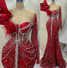 Aso 2023 avril EBI Rouge rouge Prom Dress Crystals Crystals Sexy Soirée Fête formelle Deuxième réception Robes de fiançailles d'anniversaire Robe de Soire ZJ521 ES