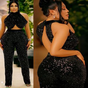 Aso 2023 Arabische Ebi Black Jumpsuits Prom Dresses Backless Lades Lace Evening Formele feest tweede receptie Verjaardagsbetrokkenheid Bruidsmeisjes jurken jurk ZJ255