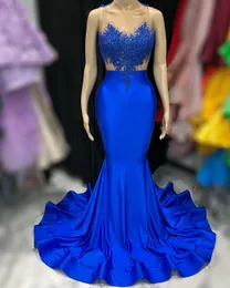 ASO 2023 Arabe Ebi Roys Blue Robes de bal en dentelle en satin Satin Fête formelle Deuxième réception Anniversaire Engagement Brides Drose Drosed Robes Robe ZJ776