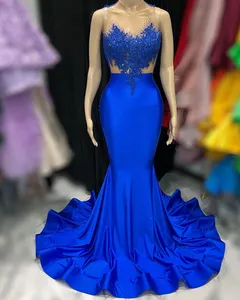 Aso 2023 Arabisch Ebi Royal Blue Prom Dresses Lace kralen satijnavond formeel feest tweede receptie verjaardag verloving bruidsmeisje jurken jurk zj776