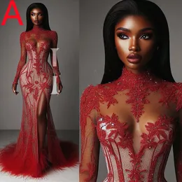 ASO 2024 Ebi Red Illusion Sirène Prom Robe Lace Lace Crystals Crystals Soirée Fête Formor