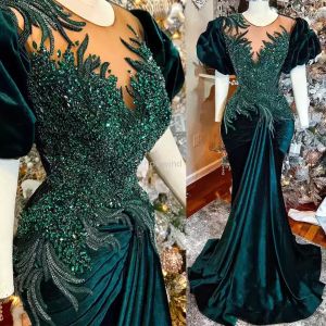 Aso Arabisch Ebi Dark Green Mermaid Prom Dresses kristallen Veet Evening Formeel feest tweede receptie Verjaardag verlovingsjurken Jurken plus maat