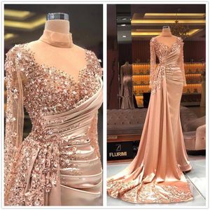 Aso Arabische Ebi Luxe Mermaid Sexy Avondjurken Sheer High Neck Lange mouwen Kralen pailletten Satin Prom Formal Party Tweede receptie jurken jurken