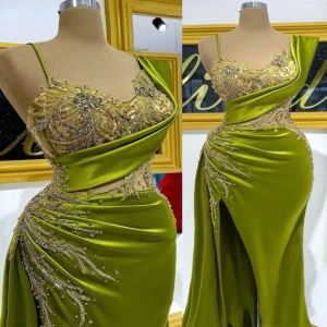 Aso arabe Ebi vert olive élégant satin sirène robes de bal magnifiques cristaux perles robes de soirée formelles froncées sexy fendue deuxième robe de réception