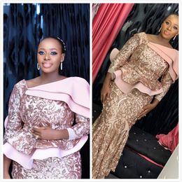 Aso Ebi 2019 arabe scintillant sirène or robes de soirée manches longues paillettes dentelle robes de bal pas cher formelle fête demoiselle d'honneur Pag279m