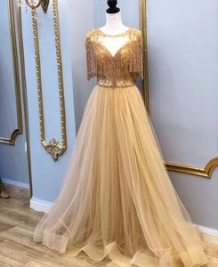ASO EBI 2020 Arabisch Goud Luxe Beaded Avondjurken Sheer Neck Prom Dresses A-Line Formele Partij Tweede Receptie Toga ZJ553