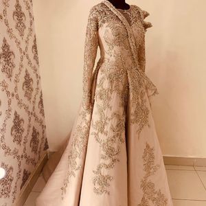 Aso Ebi 2020 Arabisch moslim kanten kralen avondjurken lange mouwen prom jurken sexy goud formeel feest tweede receptie jurken zj325