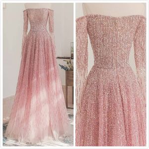 Aso ebi 2020 Arabisch roze luxueuze sexy avond kralen lange mouwen prom-jurken A-lijn formeel feest tweede receptie jurken zj564
