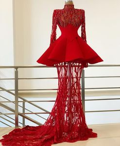 Aso Ebi 2020 Arabisch Red Luxe Luxe Mermaid Evening Garned Lace Prom Dresses Sexy Formal Party Tweede receptie Tjurken ZJ296