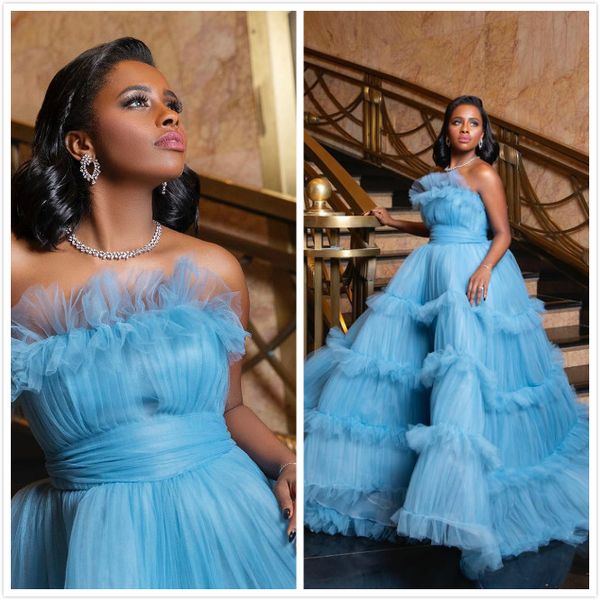 Aso Ebi 2020 arabe ciel bleu élégant robes de soirée sexy robe de bal tulle robes de bal élégante soirée formelle deuxième réception robes ZJ224