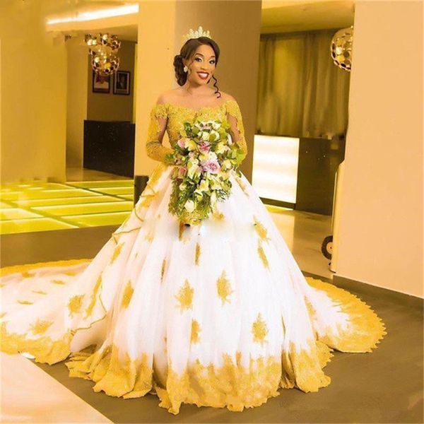 Aso Ebi 2020 robes de mariée avec manches longues chapelle train orange dentelle appliques cristal pure bateau creux dos robe de mariée sud-africaine