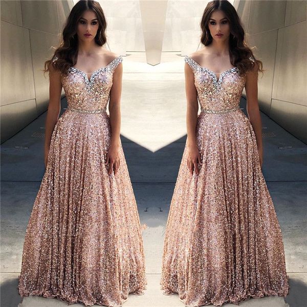 Aso Ebi 2021 Árabe Tallas grandes Vestidos de noche con lentejuelas brillantes y dorados Cristales con cuentas Una línea de fiesta formal Fiesta Segunda recepción Vestidos de dama de honor Vestido ZJ22