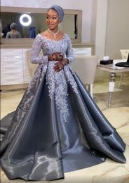 Aso Ebi 2021 árabe de talla grande gris encaje con cuentas vestidos de noche de manga larga A-line Prom fiesta Formal segunda recepción vestidos ZJ466