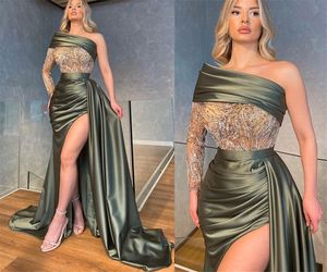 Aso Ebi 2021 Árabe Tallas grandes Sirena Vestidos de noche de encaje con cuentas Un hombro Alto Split Fiesta formal Fiesta Segunda recepción Vestidos ZJ426