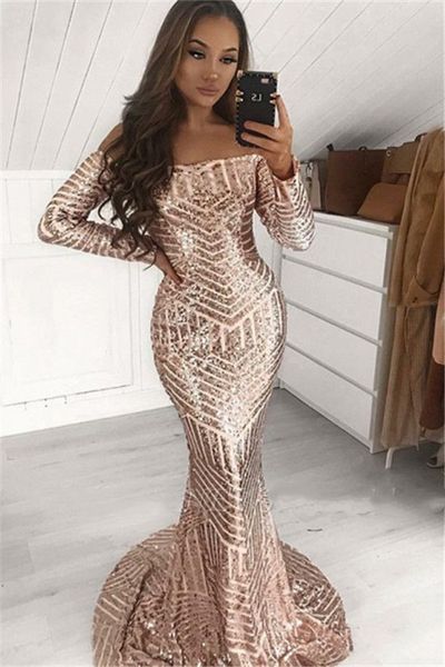 Aso Ebi 2021 Arabe Plus La Taille Or Rose Sirène Robes De Soirée À Manches Longues Paillettes Sexy De Bal Formelle Partie Deuxième Réception Robes De Demoiselle D'honneur Robe ZJ277