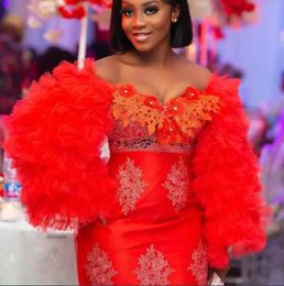 Aso Ebi 2021 Rouge Thé Longueur Gaine Robes De Bal Avec Puffy Tulle Manches Longues Dentelle Appliqued Couleur Match Formelle Robes De Soirée Occasion Spéciale Robe Cristaux Perles