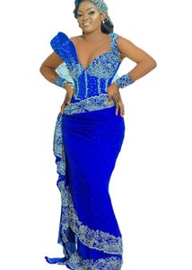 Aso Ebi 2022 Arabe Plus La Taille Bleu Sirène Luxueux Robes De Bal Dentelle Perlée Soirée Formelle Deuxième Réception Anniversaire Robes De Fiançailles Robe ZJ560