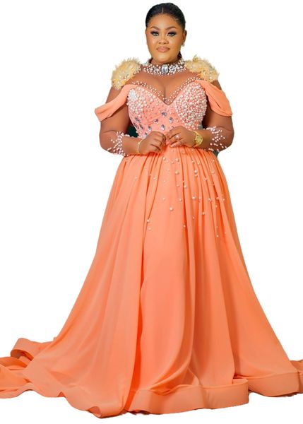 Aso Ebi 2022 arabe grande taille en mousseline de soie luxueuse A-ligne robes de bal perles cristaux soirée formelle fête deuxième réception anniversaire robes de fiançailles robe ZJ278