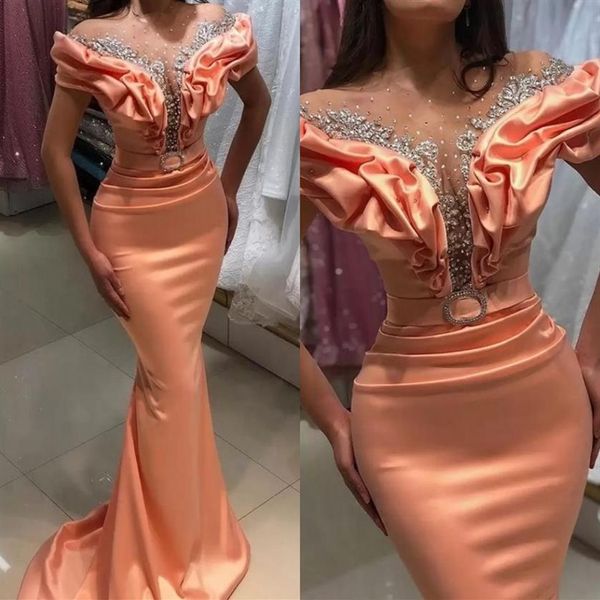 Aso Ebi 2022 Árabe Tallas grandes Sirena Cuello transparente Vestidos de noche Cristales de abalorios Satén Fiesta formal Segunda recepción Vestidos B0298s