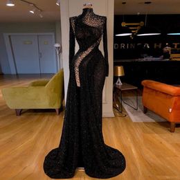 Aso Ebi 2022 sirène noire robes de soirée perlées col haut robes de bal fendu tenue de fête vestido de novia2296