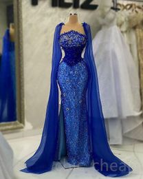 Aso Ebi 2023 Crystals arabes Robe de bal perle Blue Blue Soirée Fête formelle Deuxième réception Robes de fiançailles d'anniversaire Robe de Soiree Sh0150