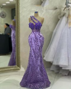 Aso Ebi 2023 Robe de bal sirène lavande arabe cristaux une épaule soirée formelle fête deuxième réception anniversaire robes de fiançailles robes Robe de soirée SH023