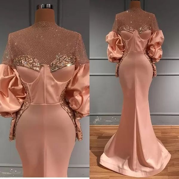 Aso Ebi 2023 Arabe Luxueux Cristaux Perlés Robes De Soirée Sirène Sexy Robes De Bal Manches Longues Partie Formelle Deuxième Réception Robes J0318