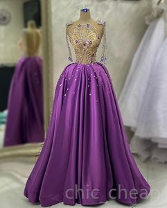 Aso Ebi 2023 Arabe Violet A-ligne Robe De Bal Perles Cristaux Satin Soirée Formelle Deuxième Réception Anniversaire Robes De Fiançailles Robes Robe de Soirée SH020