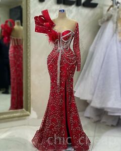 Aso Ebi 2023 Robe de bal sirène rouge arabe cristaux perlés soirée formelle fête deuxième réception anniversaire robes de fiançailles robes Robe de soirée SH018