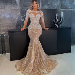 ASO EBI 2023 CHAMPAGNE Mermaid Prom Dress Crystals con cuentas Fiesta Forma Formal Segunda recepción Cumpleaños de la dama de honor vestidos vestidos