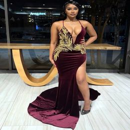 Aso Ebi 2024 Bourgondië Lace Mermaid Prom Dresses Backless Velvet Evening Party Formele tweede receptie Verjaardag Engagement beloning Jurken LF046