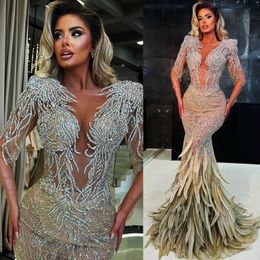 Aso EBI 2024 Champagne Illusion Mermaid Prom Dresses kristallen Feather Evening Party Formele tweede receptie Verjaardag Engagement belondergaven Jowns LF002