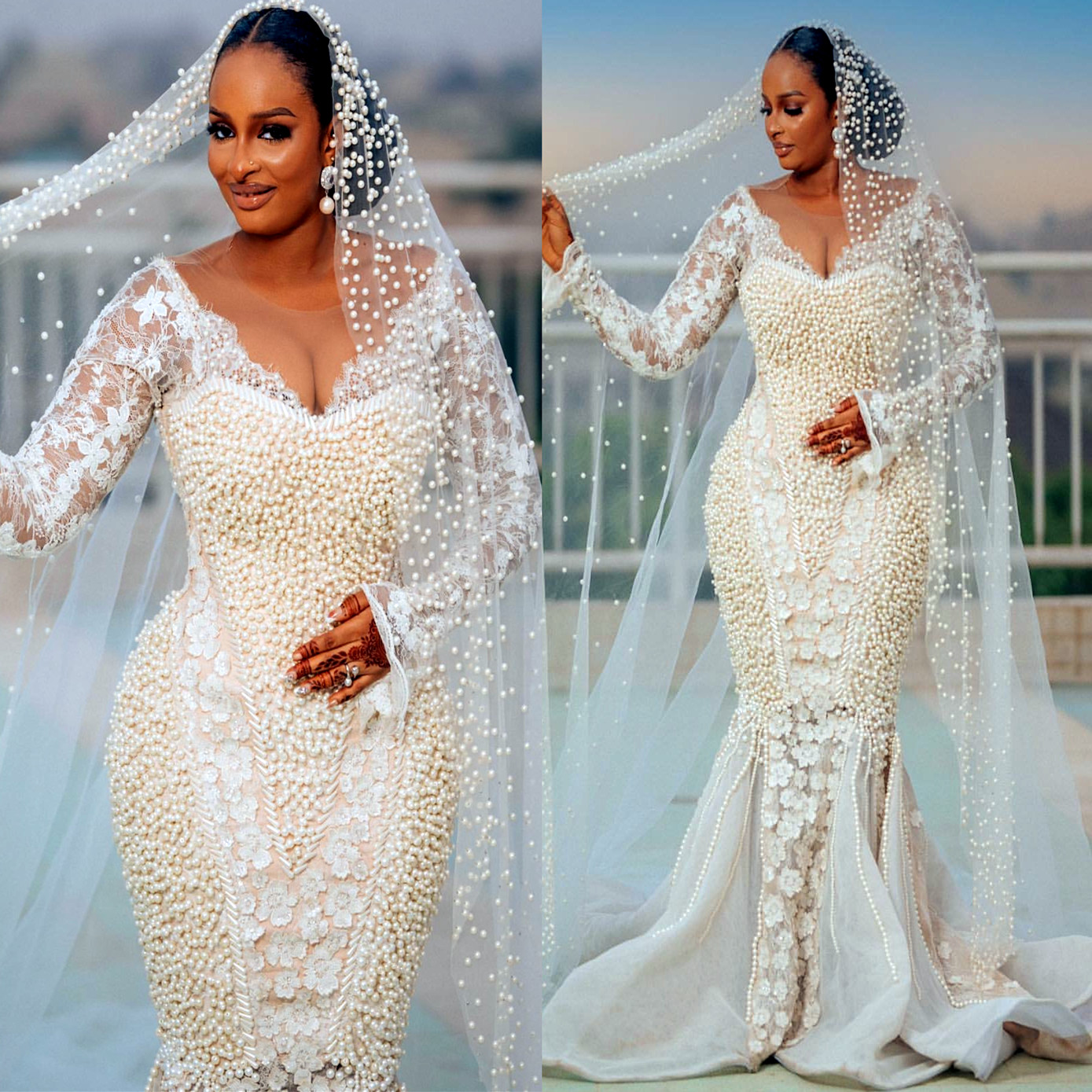 Aso Ebi 2024 Ivory Illusion Mermaid Wedding Dress Flowers Lace Pearls Luxurious Sexy Bridal Gowns Dresses LF03