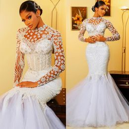 ASO EBI 2024 Vestidos de novia de sirena blanca Pearls Pearls Luxurious Tul Tulle Bridal Gowns Vestido LF 002