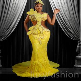 ASO EBI 2024 Sirène jaune Robes de bal Florals Fleatre Feather Evening Farty Formal Second Reception Birthday Reging Promdress Robes LF016