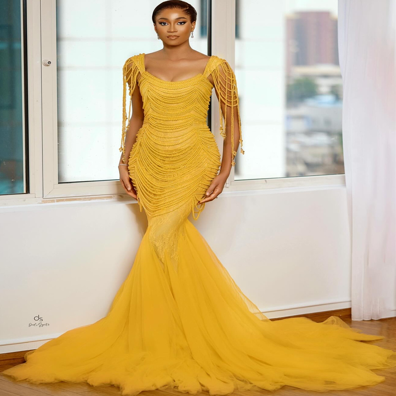 Aso Ebi 2024 Yellow Mermaid Prom Dresses Beadings Lace Tulle Evening Party Formal Second Reception Birthday Enagement PromDress Gowns LF011