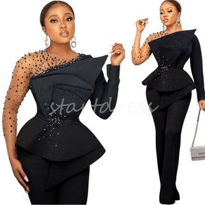 Aso Ebi Robe De Soirée Africaine 2024 Élégante Combinaison À Manches Longues Pantalon De Bal Avec Perles Grande Taille Robe De Soirée Formelle Personnalisé Noir Filles Fête Vestios De Gala