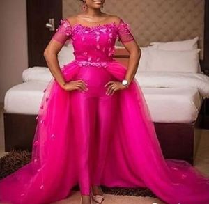 Aso Ebi African Fuchsia prom jumpsuits Jumpsuits Jumpsuits Avond Wear Detachable Train 3D Floral Lace Appliques korte mouw speciale gelegenheid jurken voor vrouwen 2022