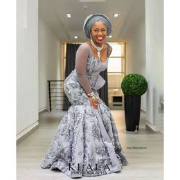 ASO Ebi African Sermaid Robes de soirée 2021 Sier Lace Long Manches Nigérian Style Plus taille Forme de Prom Party Robe 0431