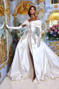 Aso Ebi Princesa africana Sirena Vestidos de novia con bordado de cristal desmontable Hendidura Tren hinchado Bateau Vestido de novia batas de mariee 2024