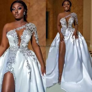 Aso Ebi African Sexy High Split Wedding Dresses A Line One Shoulder kralen Appliques Keyhole Neck Slit Bridal Ghowns Plus Size Robes Custom Made BC14877