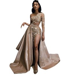 Aso Ebi Arabian Gold Beads Robes de bal avec train détachable Une épaule à manches longues en dentelle Appliques Robes de soirée Sexy Party Wear
