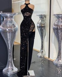 aso ebi arabe noir brillance sexy robes de soirée en dentelle en dentelle robes de bal à paillettes à paille