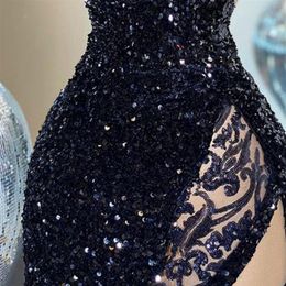 aso ebi arabe noir brillant robes de soirée sexy dentelle haute fente robes de bal paillettes formelle fête deuxième robes de réception zj366221A