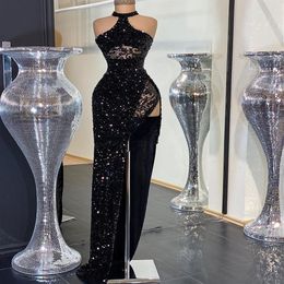 aso ebi arabe noir scintillant sexy robes de soirée en dentelle haute split robes de bal paillettes formelle fête deuxième réception robes zj366205T